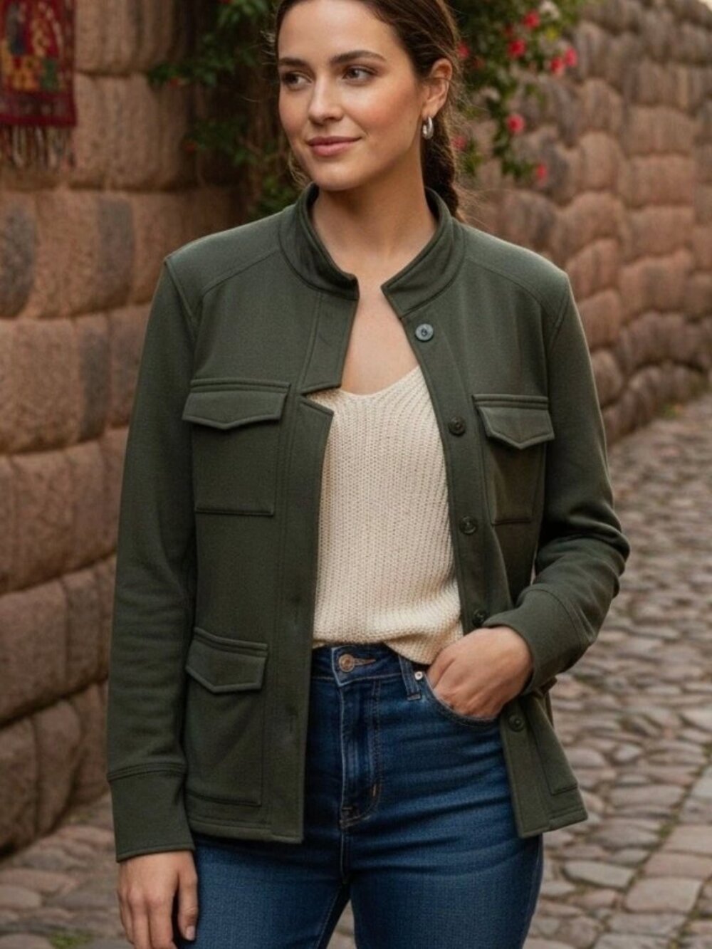 Peruvian Connection Avery Knit Jacket Ultility Pockets Green size Large * b68